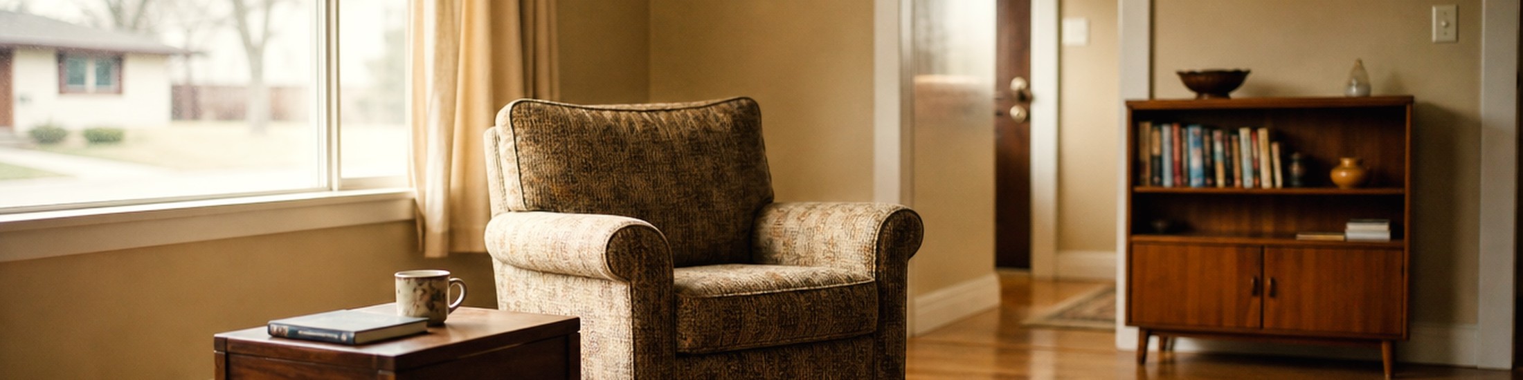 An empty living room in daylight: a patterned armchair beside a wooden side table with a notebook and a mug, a window to the left, a bookcase and an open doorway to the right.